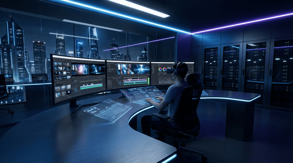 Futuristic video editing workspace cinematic lighting 4K