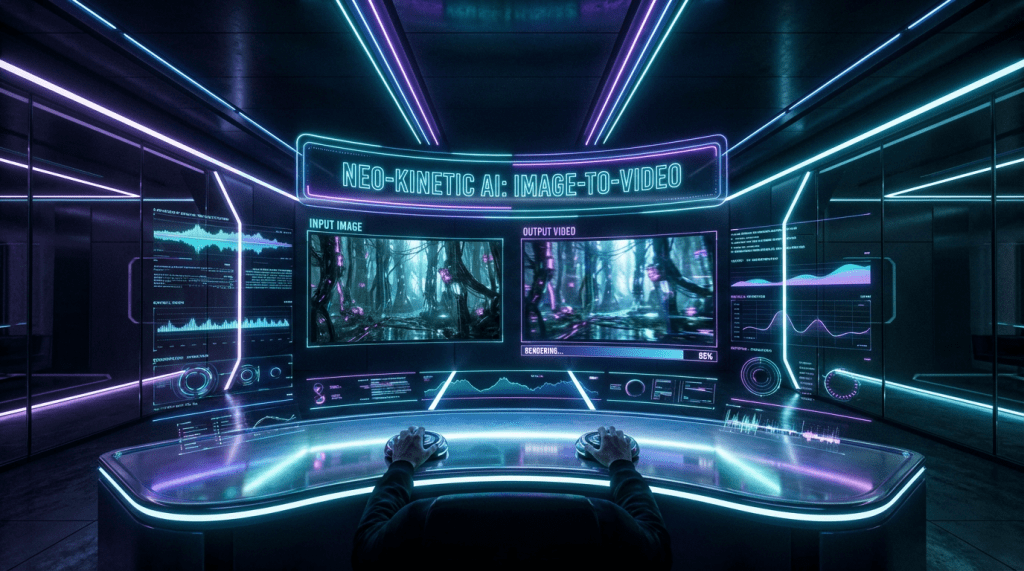 Futuristic workstation titled NEO-KINETIC AI: IMAGE-TO-VIDEO displaying image-to-video conversion with 85% rendering progress.